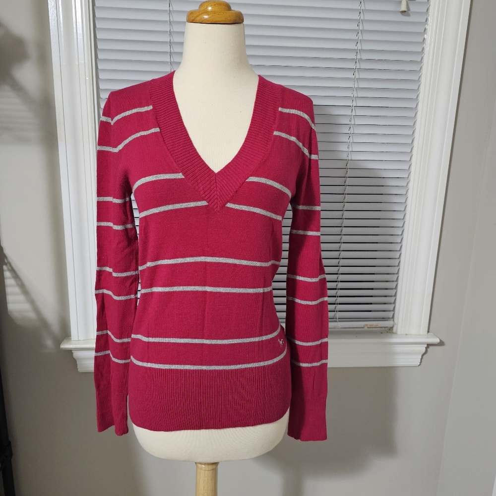 Elegant Fuchsia Striped V-Neck Sweater